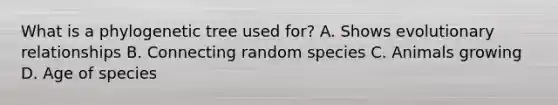 What is a phylogenetic tree used for? A. Shows evolutionary relationships B. Connecting random species C. Animals growing D. Age of species