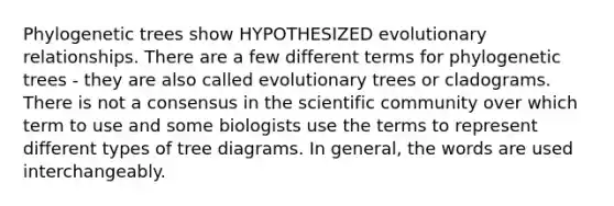 Phylogenetic trees show HYPOTHESIZED evolutionary relationships. There are a few different terms for phylogenetic trees - they are also called evolutionary trees or cladograms. There is not a consensus in the scientific community over which term to use and some biologists use the terms to represent different types of tree diagrams. In general, the words are used interchangeably.