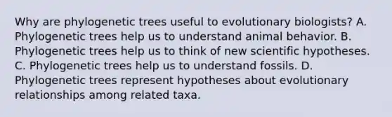 Why are phylogenetic trees useful to evolutionary biologists? A. Phylogenetic trees help us to understand animal behavior. B. Phylogenetic trees help us to think of new scientific hypotheses. C. Phylogenetic trees help us to understand fossils. D. Phylogenetic trees represent hypotheses about evolutionary relationships among related taxa.