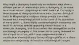 Why might a phylogeny based only on molecular data show a different pattern of relationships than a phylogeny of the same taxa based only on morphological traits? Select all that apply. a. Gene sequences always provide more data than morphological traits. b. Morphological analyses always provide more data, because each morphological trait is the result of the expression of many genes. c. Some highly conserved genetic sequences can result in unrelated species appearing closely related in a molecular phylogeny, and do not reflect the same pattern as the morphologic phylogeny. d. The molecular data may be based on the analysis of introns, which aren't expressed and don't contribute to the evolutionary history of a group of taxa. e. Gene sequence changes may not result in morphological changes.