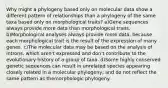 Why might a phylogeny based only on molecular data show a different pattern of relationships than a phylogeny of the same taxa based only on morphological traits? a)Gene sequences always provide more data than morphological traits. b)Morphological analyses always provide more data, because each morphological trait is the result of the expression of many genes. c)The molecular data may be based on the analysis of introns, which aren't expressed and don't contribute to the evolutionary history of a group of taxa. d)Some highly conserved genetic sequences can result in unrelated species appearing closely related in a molecular phylogeny, and do not reflect the same pattern as themorphologic phylogeny.