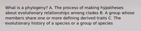 What is a phylogeny? A. The process of making hypotheses about evolutionary relationships among clades B. A group whose members share one or more defining derived traits C. The evolutionary history of a species or a group of species