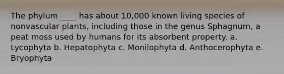 The phylum ____ has about 10,000 known living species of non<a href='https://www.questionai.com/knowledge/kbaUXKuBoK-vascular-plants' class='anchor-knowledge'>vascular plants</a>, including those in the genus Sphagnum, a peat moss used by humans for its absorbent property. a. Lycophyta b. Hepatophyta c. Monilophyta d. Anthocerophyta e. Bryophyta