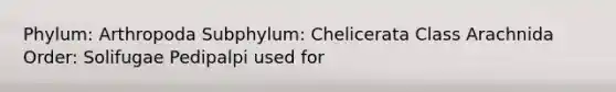 Phylum: Arthropoda Subphylum: Chelicerata Class Arachnida Order: Solifugae Pedipalpi used for