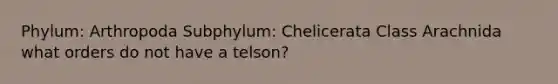 Phylum: Arthropoda Subphylum: Chelicerata Class Arachnida what orders do not have a telson?