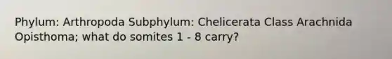 Phylum: Arthropoda Subphylum: Chelicerata Class Arachnida Opisthoma; what do somites 1 - 8 carry?