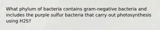 What phylum of bacteria contains gram-negative bacteria and includes the purple sulfur bacteria that carry out photosynthesis using H2S?