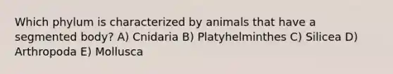 Which phylum is characterized by animals that have a segmented body? A) Cnidaria B) Platyhelminthes C) Silicea D) Arthropoda E) Mollusca