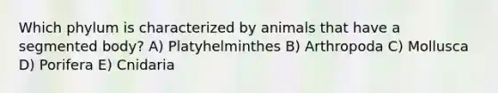 Which phylum is characterized by animals that have a segmented body? A) Platyhelminthes B) Arthropoda C) Mollusca D) Porifera E) Cnidaria