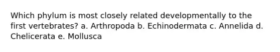 Which phylum is most closely related developmentally to the first vertebrates?​ a. ​Arthropoda b. ​Echinodermata c. ​Annelida d. ​Chelicerata e. ​Mollusca