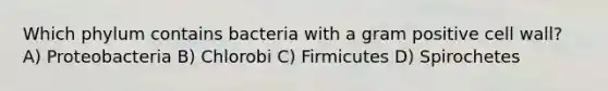 Which phylum contains bacteria with a gram positive cell wall? A) Proteobacteria B) Chlorobi C) Firmicutes D) Spirochetes