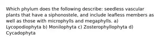 Which phylum does the following describe: seedless <a href='https://www.questionai.com/knowledge/kbaUXKuBoK-vascular-plants' class='anchor-knowledge'>vascular plants</a> that have a siphonostele, and include leafless members as well as those with microphylls and megaphylls. a) Lycopodiophyta b) Monilophyta c) Zosterophyllophyta d) Cycadophyta