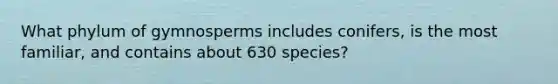 What phylum of gymnosperms includes conifers, is the most familiar, and contains about 630 species?