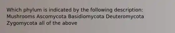 Which phylum is indicated by the following description: Mushrooms Ascomycota Basidiomycota Deuteromycota Zygomycota all of the above