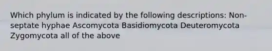 Which phylum is indicated by the following descriptions: Non-septate hyphae Ascomycota Basidiomycota Deuteromycota Zygomycota all of the above