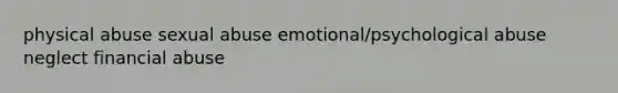 physical abuse sexual abuse emotional/psychological abuse neglect financial abuse