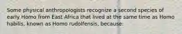 Some physical anthropologists recognize a second species of early Homo from East Africa that lived at the same time as Homo habilis, known as Homo rudolfensis, because: