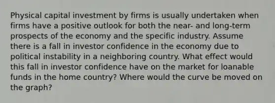 Physical capital investment by firms is usually undertaken when firms have a positive outlook for both the near- and long-term prospects of the economy and the specific industry. Assume there is a fall in investor confidence in the economy due to political instability in a neighboring country. What effect would this fall in investor confidence have on the market for loanable funds in the home country? Where would the curve be moved on the graph?