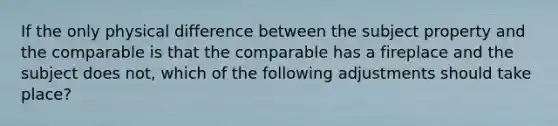 If the only physical difference between the subject property and the comparable is that the comparable has a fireplace and the subject does not, which of the following adjustments should take place?