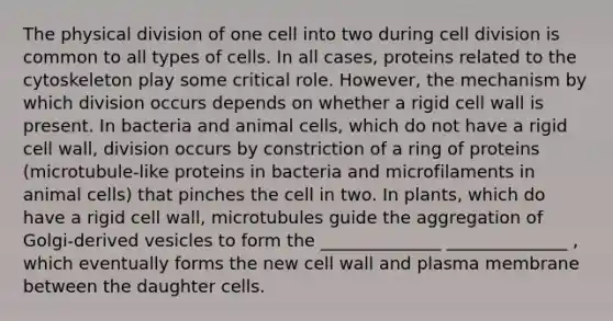 The physical division of one cell into two during cell division is common to all types of cells. In all cases, proteins related to the cytoskeleton play some critical role. However, the mechanism by which division occurs depends on whether a rigid cell wall is present. In bacteria and animal cells, which do not have a rigid cell wall, division occurs by constriction of a ring of proteins (microtubule-like proteins in bacteria and microfilaments in animal cells) that pinches the cell in two. In plants, which do have a rigid cell wall, microtubules guide the aggregation of Golgi-derived vesicles to form the ______________ ______________ , which eventually forms the new cell wall and plasma membrane between the daughter cells.