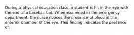 During a physical education class, a student is hit in the eye with the end of a baseball bat. When examined in the emergency department, the nurse notices the presence of blood in the anterior chamber of the eye. This finding indicates the presence of: