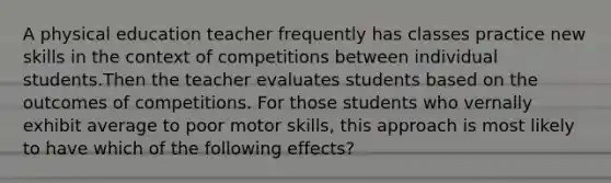 A physical education teacher frequently has classes practice new skills in the context of competitions between individual students.Then the teacher evaluates students based on the outcomes of competitions. For those students who vernally exhibit average to poor motor skills, this approach is most likely to have which of the following effects?