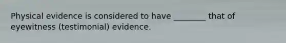 Physical evidence is considered to have ________ that of eyewitness (testimonial) evidence.