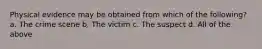 Physical evidence may be obtained from which of the following? a. The crime scene b. The victim c. The suspect d. All of the above