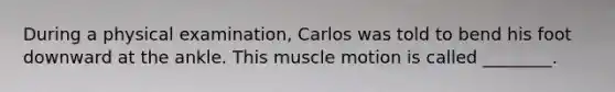 During a physical examination, Carlos was told to bend his foot downward at the ankle. This muscle motion is called ________.