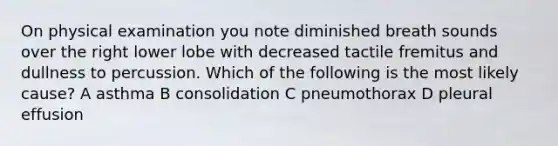 On physical examination you note diminished breath sounds over the right lower lobe with decreased tactile fremitus and dullness to percussion. Which of the following is the most likely cause? A asthma B consolidation C pneumothorax D pleural effusion