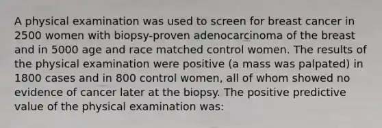 A physical examination was used to screen for breast cancer in 2500 women with biopsy-proven adenocarcinoma of the breast and in 5000 age and race matched control women. The results of the physical examination were positive (a mass was palpated) in 1800 cases and in 800 control women, all of whom showed no evidence of cancer later at the biopsy. The positive predictive value of the physical examination was: