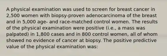 A physical examination was used to screen for breast cancer in 2,500 women with biopsy-proven adenocarcinoma of the breast and in 5,000 age- and race-matched control women. The results of the physical examination were positive (i.e., a mass was palpated) in 1,800 cases and in 800 control women, all of whom showed no evidence of cancer at biopsy. The positive predictive value of the physical examination was: