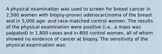 A physical examination was used to screen for breast cancer in 2,500 women with biopsy-proven adenocarcinoma of the breast and in 5,000 age- and race-matched control women. The results of the physical examination were positive (i.e., a mass was palpated) in 1,800 cases and in 800 control women, all of whom showed no evidence of cancer at biopsy. The sensitivity of the physical examination was: