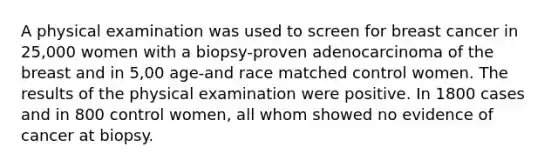 A physical examination was used to screen for breast cancer in 25,000 women with a biopsy-proven adenocarcinoma of the breast and in 5,00 age-and race matched control women. The results of the physical examination were positive. In 1800 cases and in 800 control women, all whom showed no evidence of cancer at biopsy.