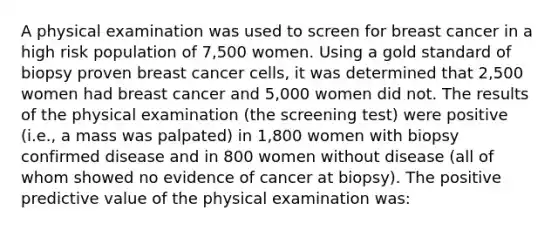 A physical examination was used to screen for breast cancer in a high risk population of 7,500 women. Using a gold standard of biopsy proven breast cancer cells, it was determined that 2,500 women had breast cancer and 5,000 women did not. The results of the physical examination (the screening test) were positive (i.e., a mass was palpated) in 1,800 women with biopsy confirmed disease and in 800 women without disease (all of whom showed no evidence of cancer at biopsy). The positive predictive value of the physical examination was: