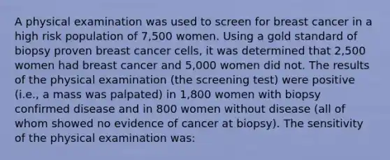 A physical examination was used to screen for breast cancer in a high risk population of 7,500 women. Using a gold standard of biopsy proven breast cancer cells, it was determined that 2,500 women had breast cancer and 5,000 women did not. The results of the physical examination (the screening test) were positive (i.e., a mass was palpated) in 1,800 women with biopsy confirmed disease and in 800 women without disease (all of whom showed no evidence of cancer at biopsy). The sensitivity of the physical examination was: