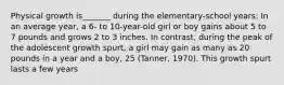 Physical growth is_______ during the elementary-school years: In an average year, a 6- to 10-year-old girl or boy gains about 5 to 7 pounds and grows 2 to 3 inches. In contrast, during the peak of the adolescent growth spurt, a girl may gain as many as 20 pounds in a year and a boy, 25 (Tanner, 1970). This growth spurt lasts a few years