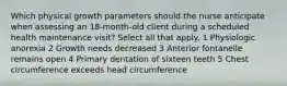 Which physical growth parameters should the nurse anticipate when assessing an 18-month-old client during a scheduled health maintenance visit? Select all that apply. 1 Physiologic anorexia 2 Growth needs decreased 3 Anterior fontanelle remains open 4 Primary dentation of sixteen teeth 5 Chest circumference exceeds head circumference