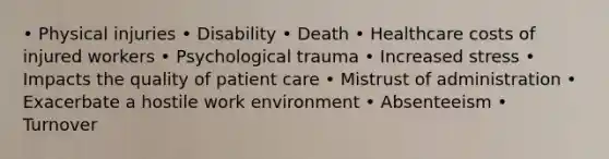 • Physical injuries • Disability • Death • Healthcare costs of injured workers • Psychological trauma • Increased stress • Impacts the quality of patient care • Mistrust of administration • Exacerbate a hostile work environment • Absenteeism • Turnover