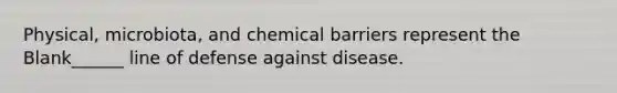 Physical, microbiota, and chemical barriers represent the Blank______ line of defense against disease.