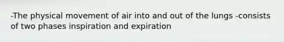 -The physical movement of air into and out of the lungs -consists of two phases inspiration and expiration