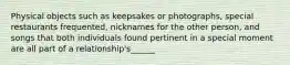 Physical objects such as keepsakes or photographs, special restaurants frequented, nicknames for the other person, and songs that both individuals found pertinent in a special moment are all part of a relationship's______