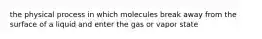 the physical process in which molecules break away from the surface of a liquid and enter the gas or vapor state