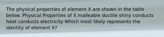 The physical properties of element X are shown in the table below. Physical Properties of X malleable ductile shiny conducts heat conducts electricity Which most likely represents the identity of element X?