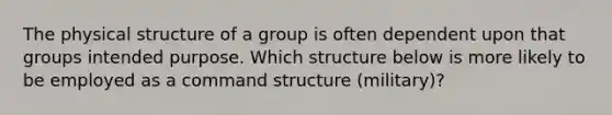 The physical structure of a group is often dependent upon that groups intended purpose. Which structure below is more likely to be employed as a command structure (military)?