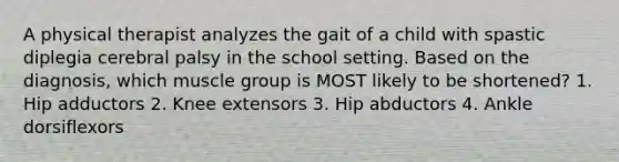 A physical therapist analyzes the gait of a child with spastic diplegia cerebral palsy in the school setting. Based on the diagnosis, which muscle group is MOST likely to be shortened? 1. Hip adductors 2. Knee extensors 3. Hip abductors 4. Ankle dorsiflexors