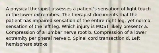 A physical therapist assesses a patient's sensation of light touch in the lower extremities. The therapist documents that the patient has impaired sensation of the entire right leg, yet normal sensation of the left leg. Which injury is MOST likely present? a. Compression of a lumbar nerve root b. Compression of a lower extremity peripheral nerve c. Spinal cord transection d. Left hemisphere stroke