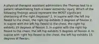 A physical therapist assistant administers the Thomas test to a patient rehabilitating from a lower extremity injury. Which of the following findings would represent the MOST significant shortening of the right iliopsoas? 1. In supine with the left hip flexed to the chest, the right hip exhibits 5 degrees of flexion 2. In supine with the left hip flexed to the chest, the right hip exhibits 15 degrees of flexion 3. In supine with the right hip flexed to the chest, the left hip exhibits 5 degrees of flexion 4. In supine with right hip flexed to the chest, the left hip exhibits 15 degrees of flexion.