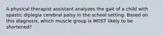 A physical therapist assistant analyzes the gait of a child with spastic diplegia cerebral palsy in the school setting. Based on this diagnosis, which muscle group is MOST likely to be shortened?