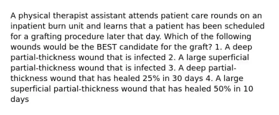 A physical therapist assistant attends patient care rounds on an inpatient burn unit and learns that a patient has been scheduled for a grafting procedure later that day. Which of the following wounds would be the BEST candidate for the graft? 1. A deep partial-thickness wound that is infected 2. A large superficial partial-thickness wound that is infected 3. A deep partial-thickness wound that has healed 25% in 30 days 4. A large superficial partial-thickness wound that has healed 50% in 10 days